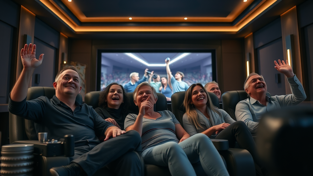 luxurious home theater family enjoying surround sound smart display NJ antique home custom recliners cinematic lighting