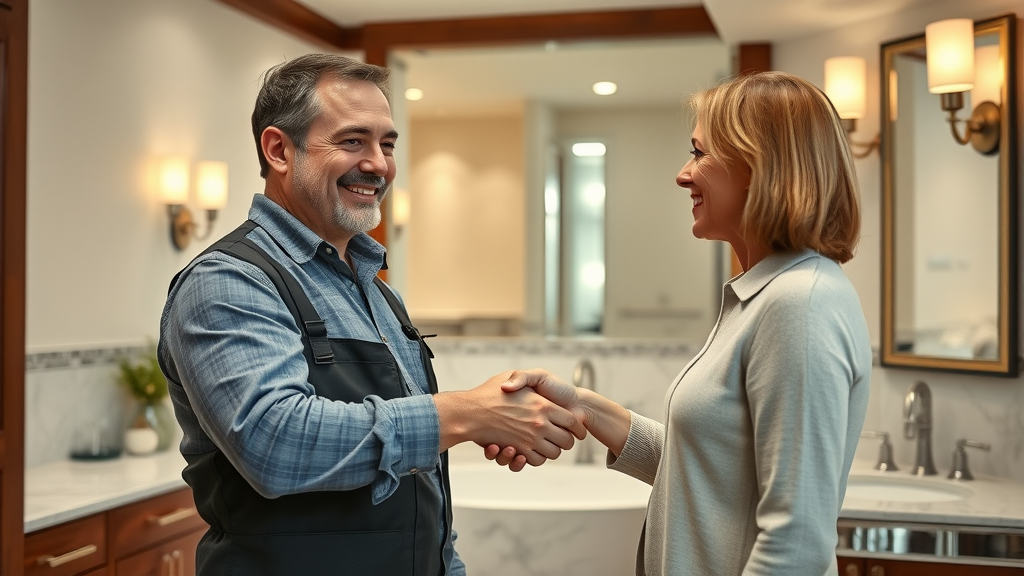 bathroom remodeling contractor shaking hands with New Jersey homeowner after completed renovation with elegant fixtures