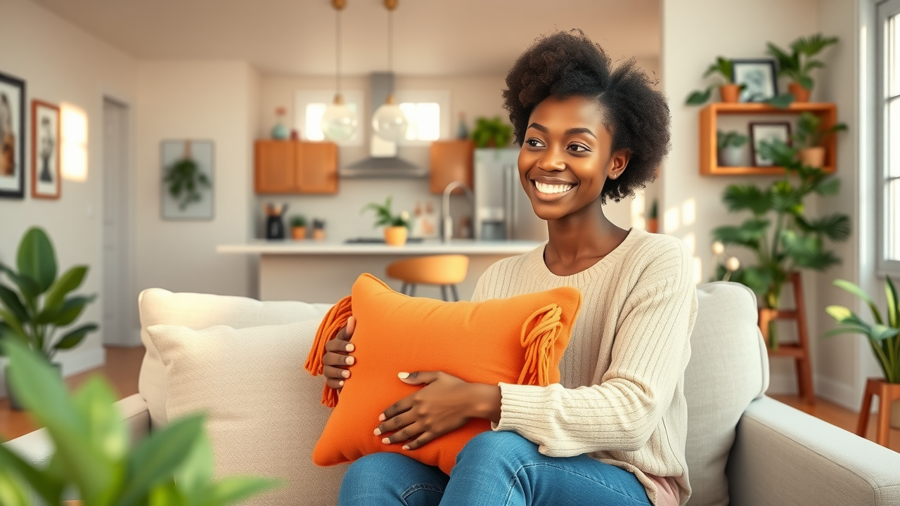 budget friendly home staging benefits, homeowner adding bright pillow and organizing plants in an appealing staged living kitchen area
