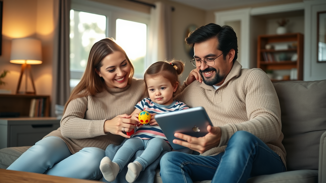 Family in New Jersey living room reviewing their home security app, feeling reassured by their smart home security system. Smart home technology in NJ.