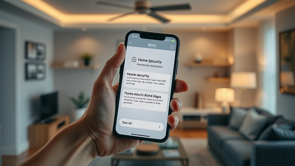 hand holding smartphone showing home security alerts with smart devices in modern living room | Mobile App Security