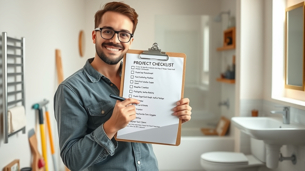 homeowner marking project checklist in renovated bathroom with tools and plans in New Jersey
