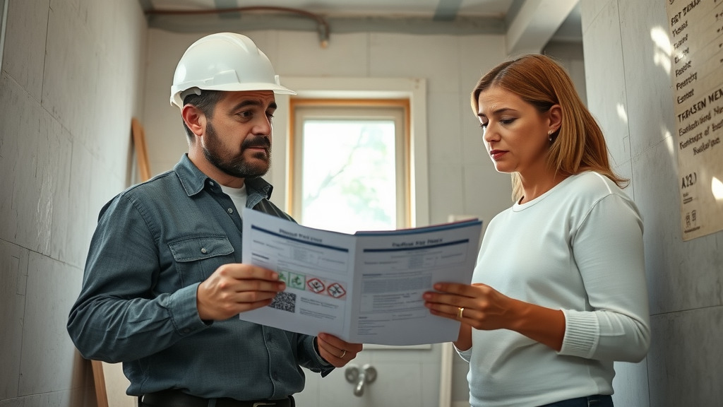 Inspector and homeowner reviewing permits in half-renovated New Jersey bathroom