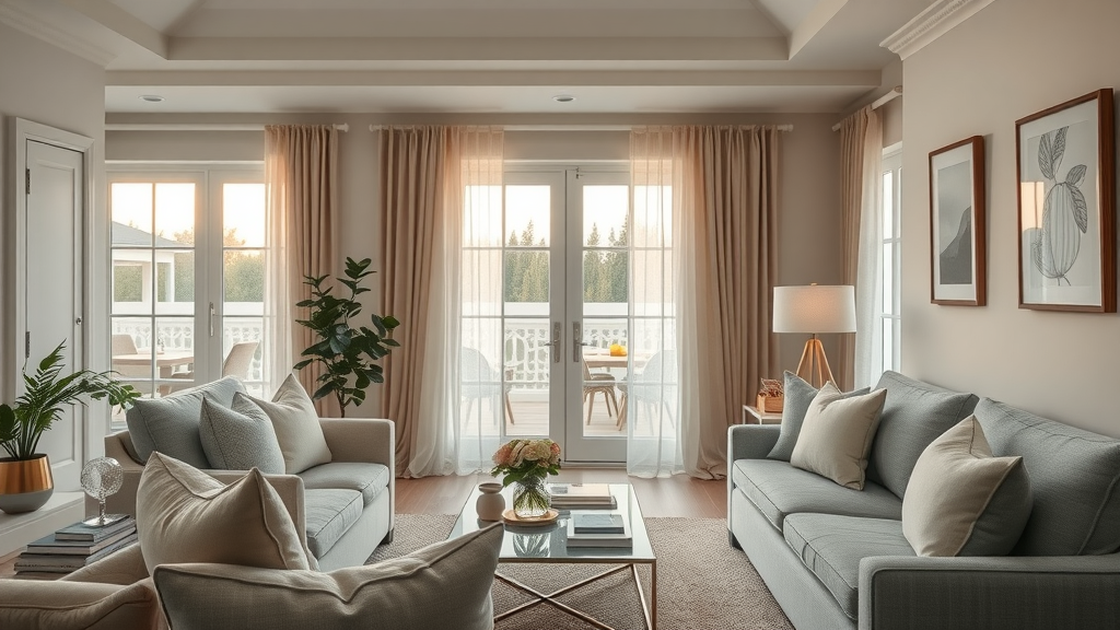 living room home staging benefits elegant new design with neutral tones, stager adjusting cushions, open plan with reading nook