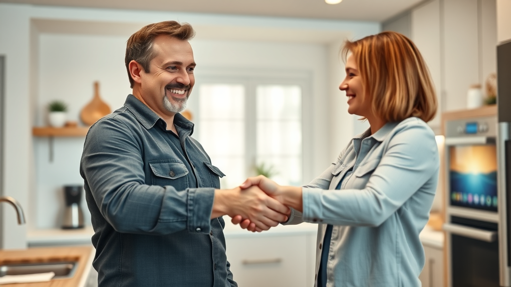 Professional installer shaking hands with a homeowner in a connected smart kitchen after finishing a top home installation service job