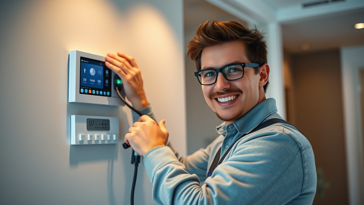 confident technician installing smart home device in NJ modern home smart panels high detail lifelike image