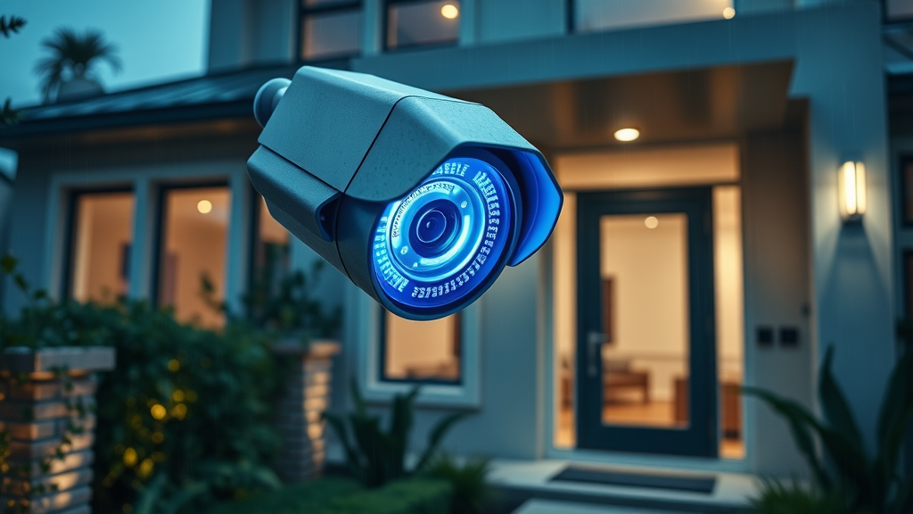 state-of-the-art security camera on modern home exterior at dusk, blue glowing lens | Security Camera Trends