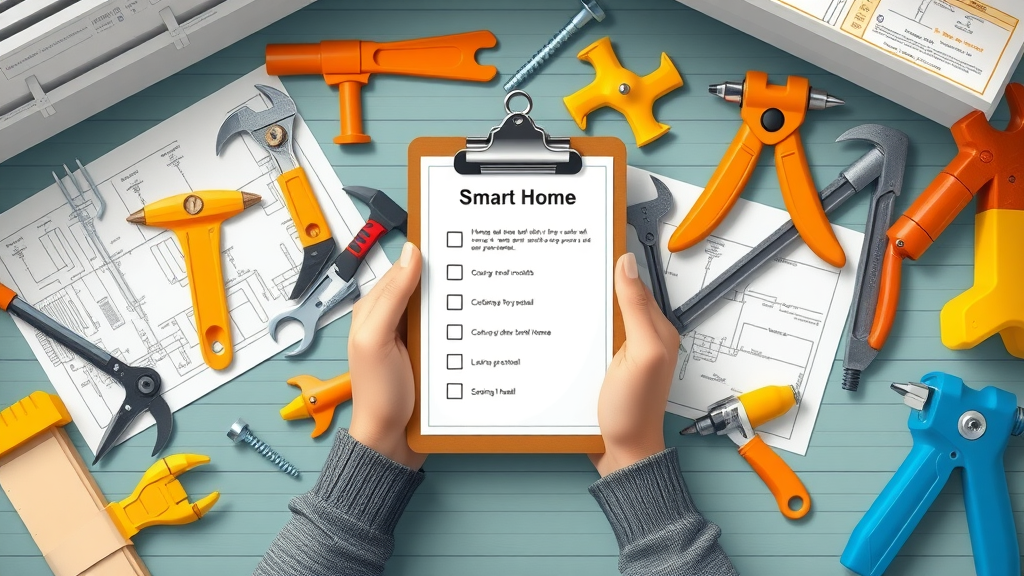 clipboard checklist with smart home installation tools and blueprints, smart home system installation preparation