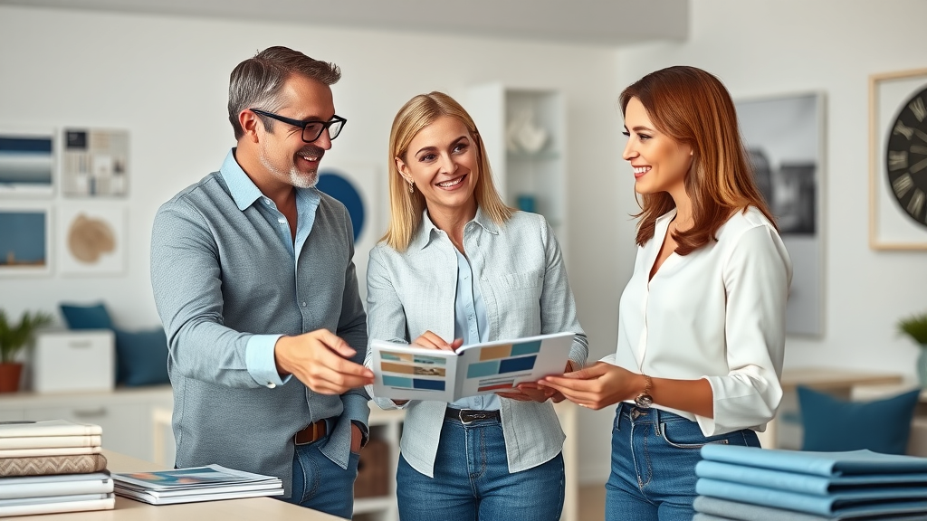 Professional home stager consulting with New Jersey homeowners, reviewing design boards, flexible staging services portfolio.