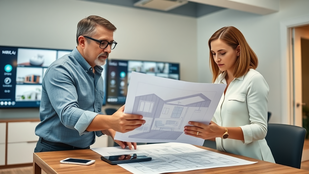 Professional NJ home automation specialist consulting with homeowners and reviewing blueprints