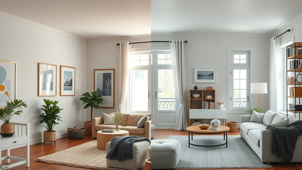side by side staged homes vs non-staged homes comparison, clean lines versus cluttered living space highlighting home staging benefits