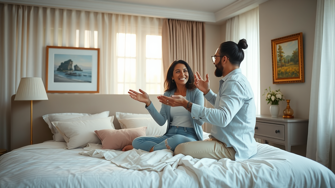 Upscale staged bedroom in New Jersey with happy home buyers discussing their purchase and tranquil decor.