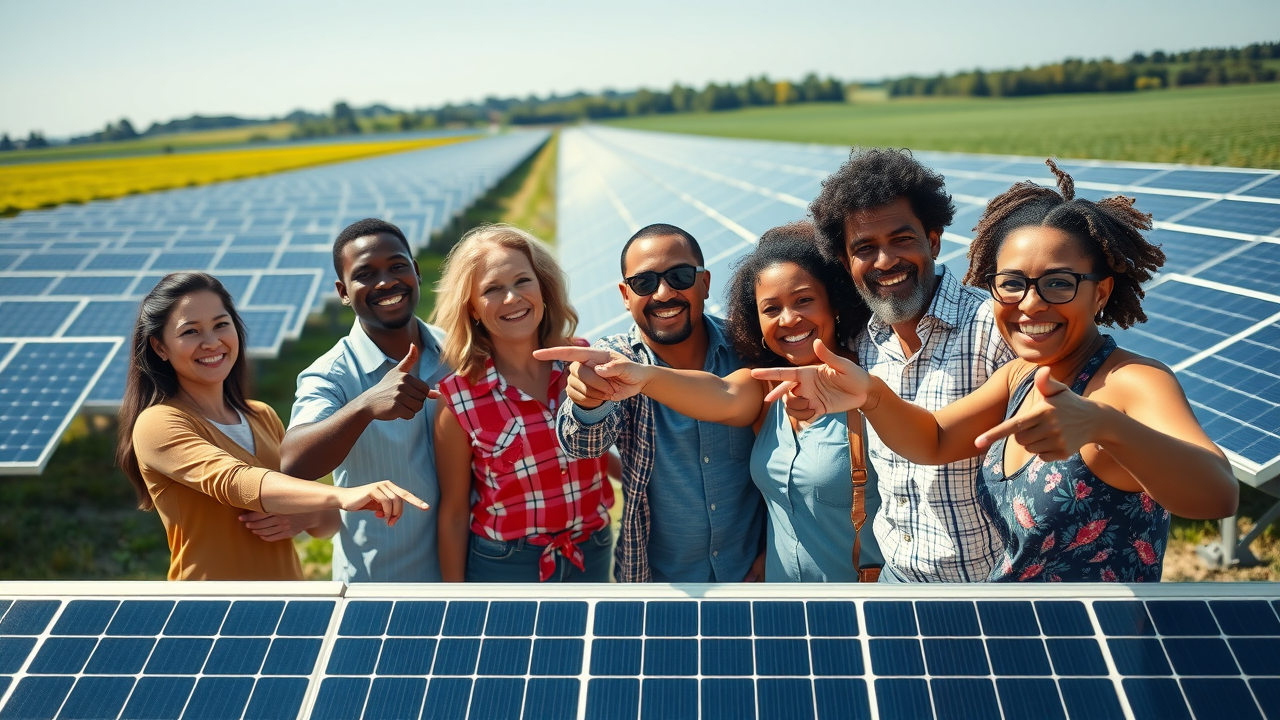 Diverse New Jersey community group pointing at solar farm panels, clean energy benefits, community solar incentives, photorealistic vivid colors