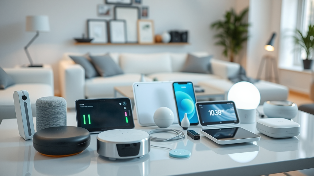 Array of top-rated smart home gadgets with glowing displays in a modern NJ home