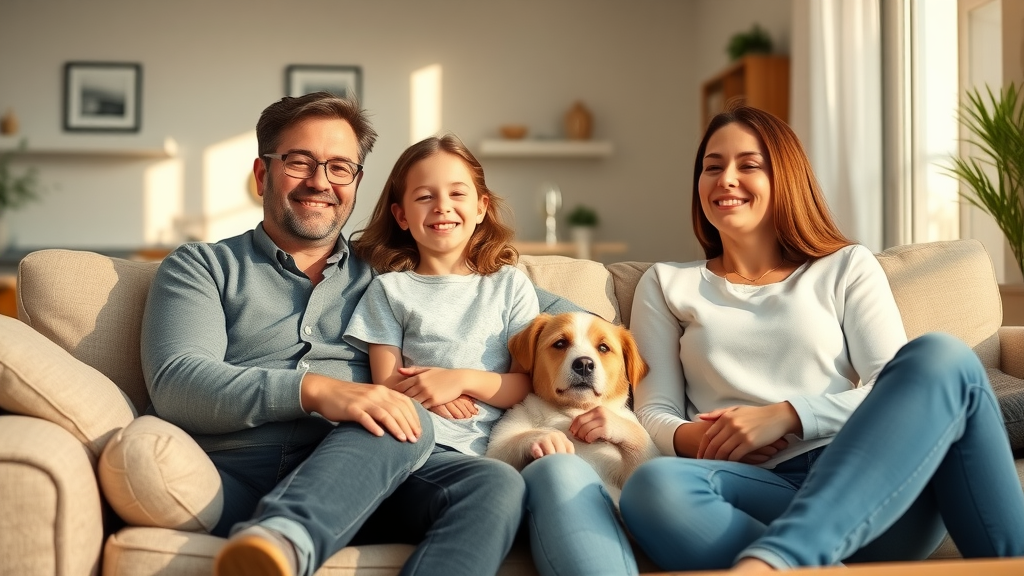 Smiling New Jersey family comfortable in their pest-free living room