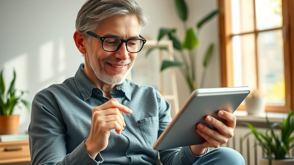 NJ homeowner booking eco-friendly junk removal on tablet, bright and organized home office