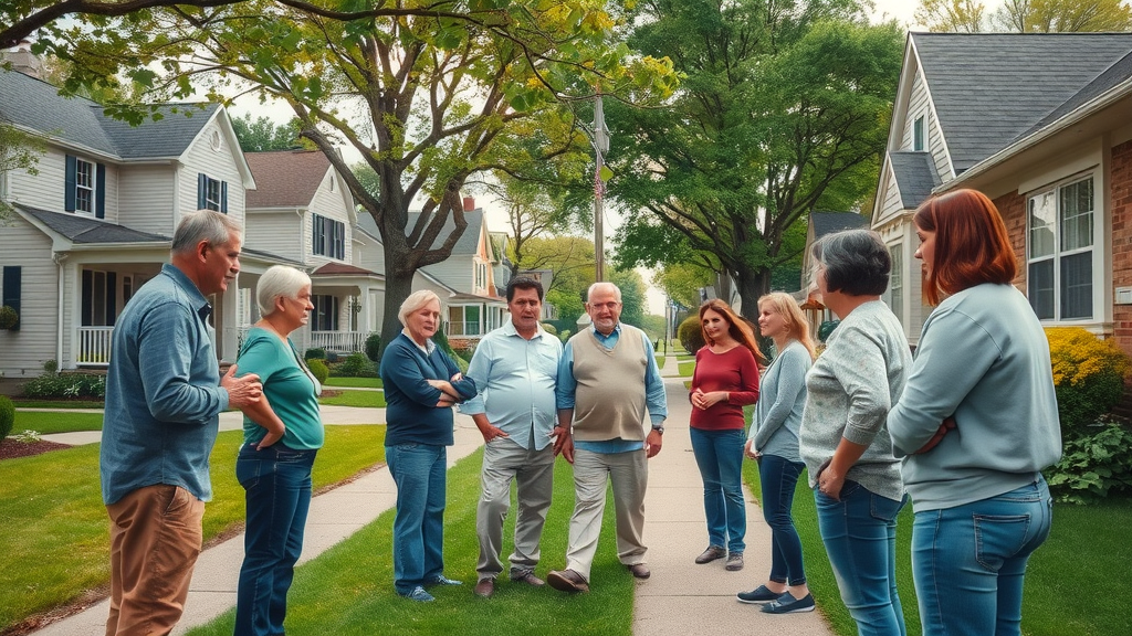 Suburban NJ neighborhood residents discussing pest control costs and services