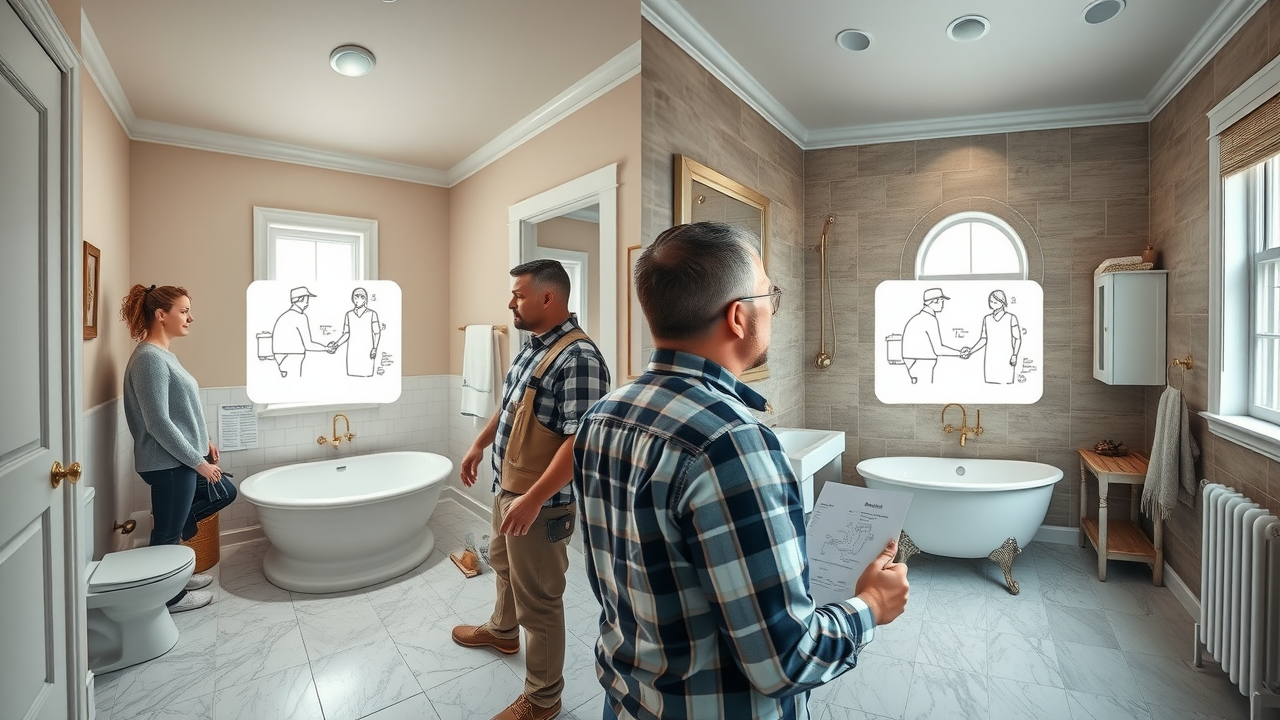Side-by-side comparison of traditional and modern New Jersey bathrooms with contractors discussing plans.