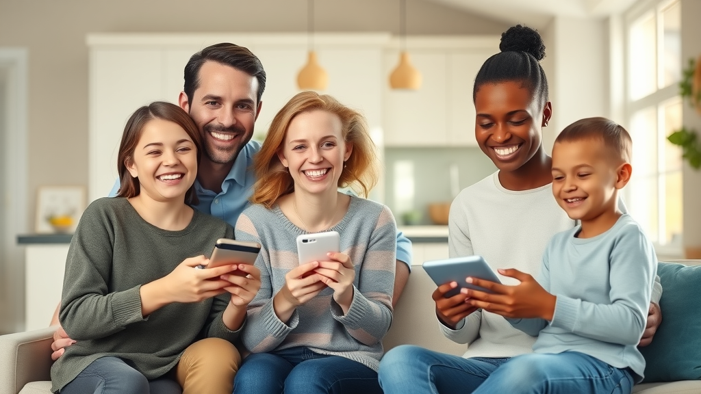 Happy New Jersey family in a content, secure smart home environment