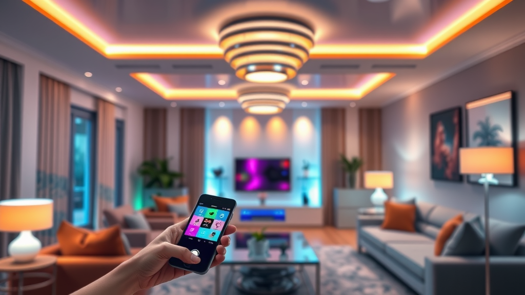 sleek smart lighting automation in upscale NJ living room, home lighting system, mood lighting