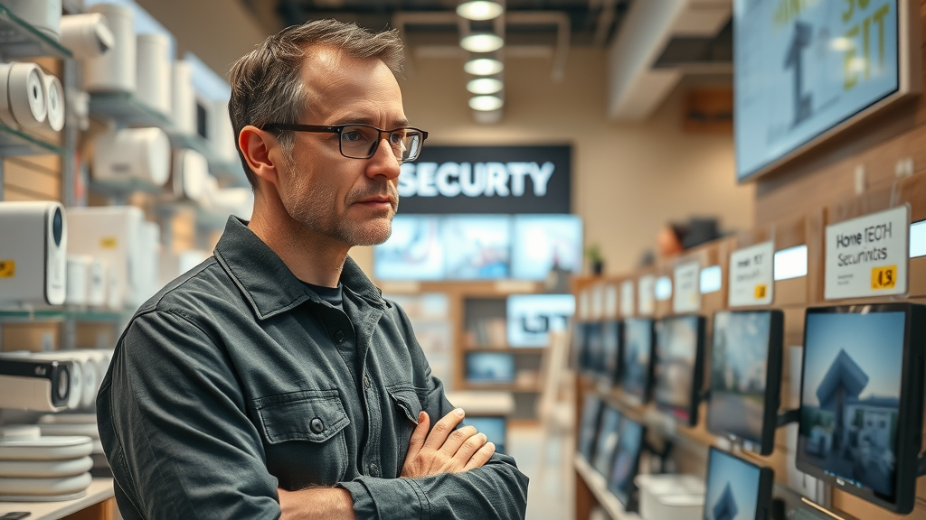 Display of smart security devices with visible price tags and price comparison charts