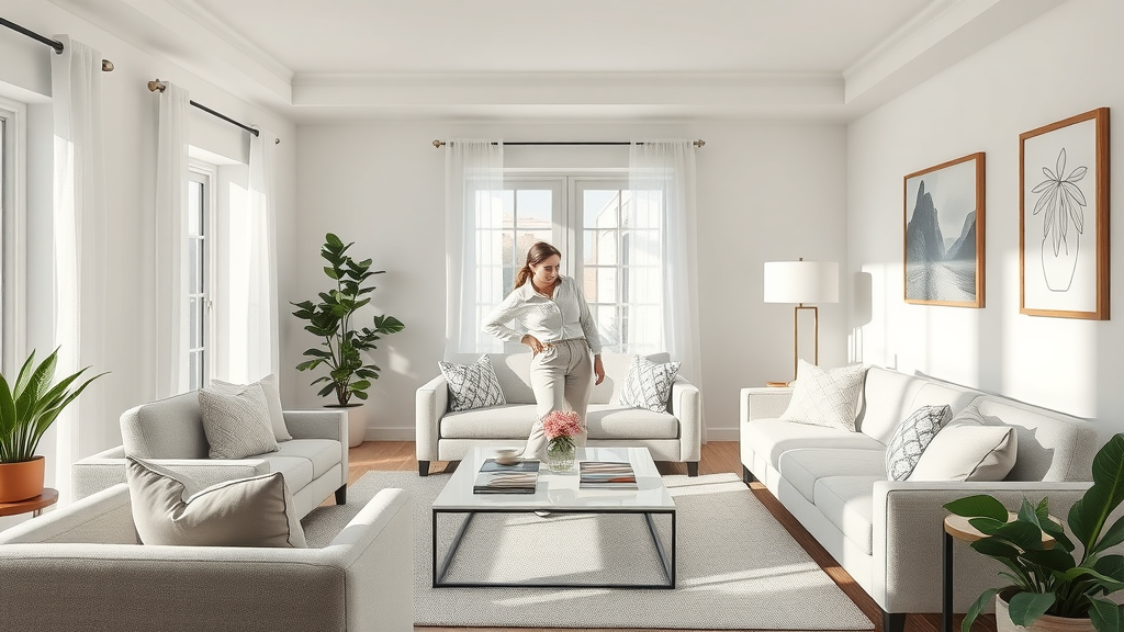 home staging benefits immaculate modern living room sunlit with neutral furnishings, professional home stager arranging pillows, indoor plants, and tasteful decor