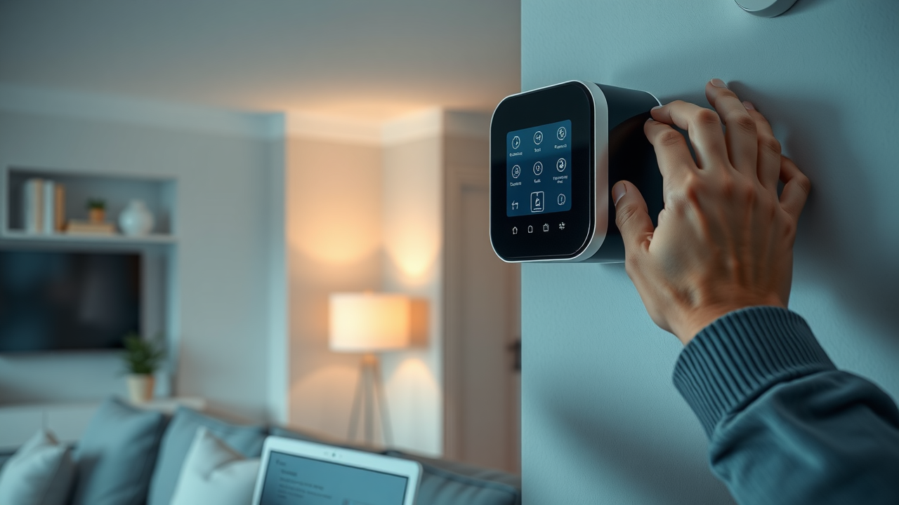 Tech-savvy individual confidently installing a smart security camera in a modern apartment