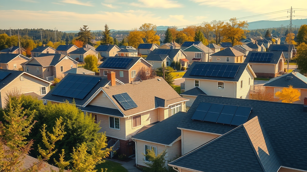 Dynamic New Jersey suburban neighborhood with solar panels on homes, solar installation companies new jersey