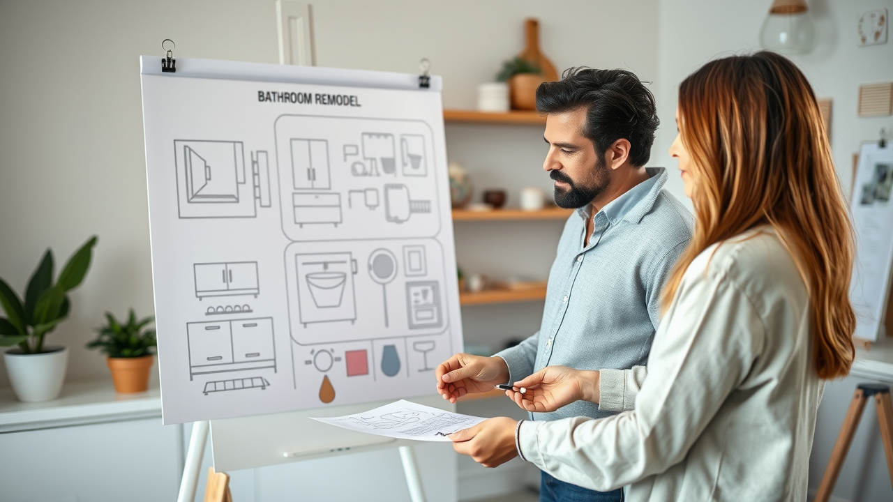 Organized bathroom remodel design board, collaborative planning for New Jersey homeowners and designer, highly detailed sketches and samples.