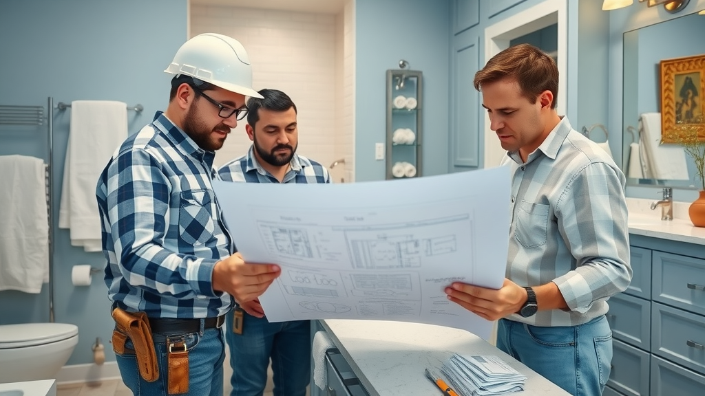 contractor team reviewing bathroom renovation blueprints in New Jersey newly remodeled bathroom
