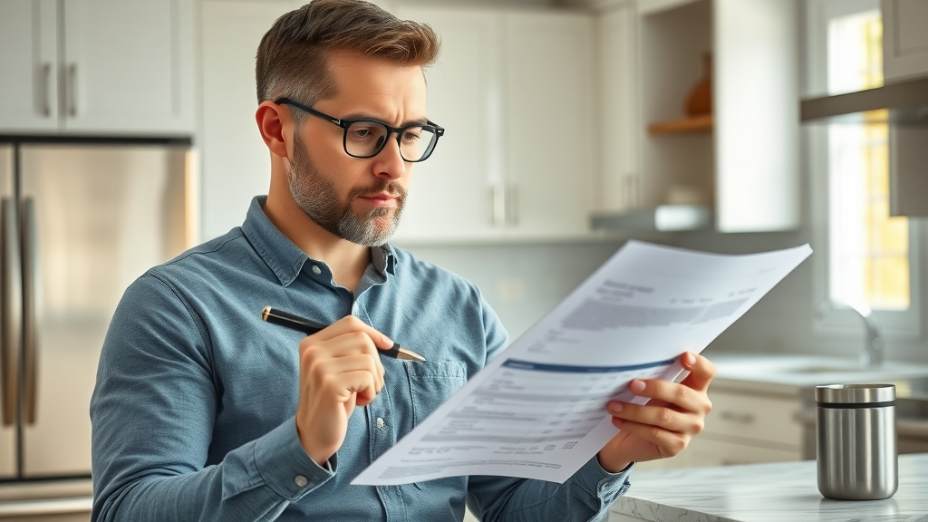 NJ homeowner reviewing pest control bill or estimate in a kitchen setting