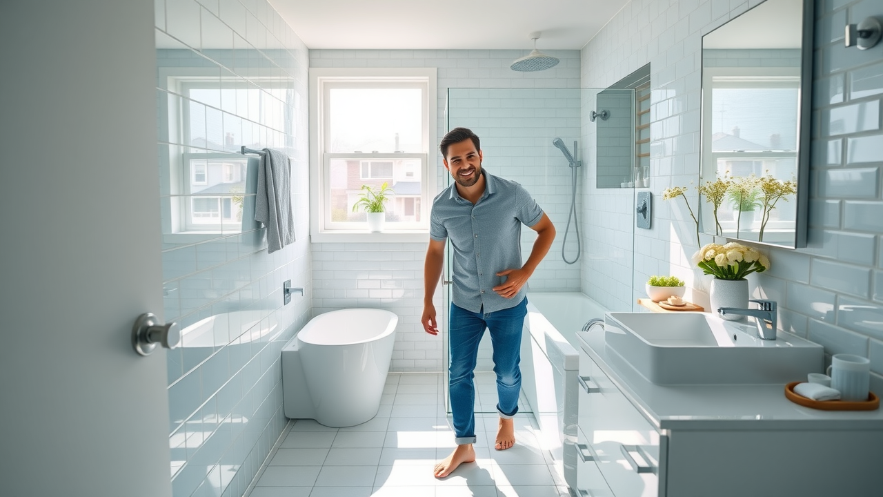 Modern newly remodeled New Jersey bathroom, sparkling clean, cheerful homeowner entering the bright space, highly detailed in morning sunbeams.