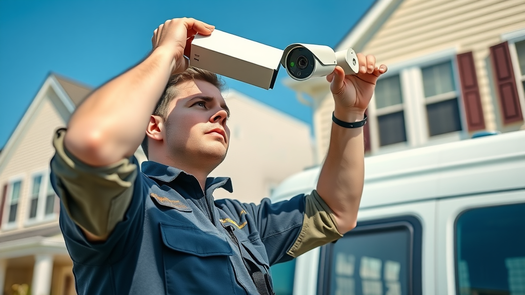 Technician providing professional smart home security installation NJ, mounting a security camera on a residential property.