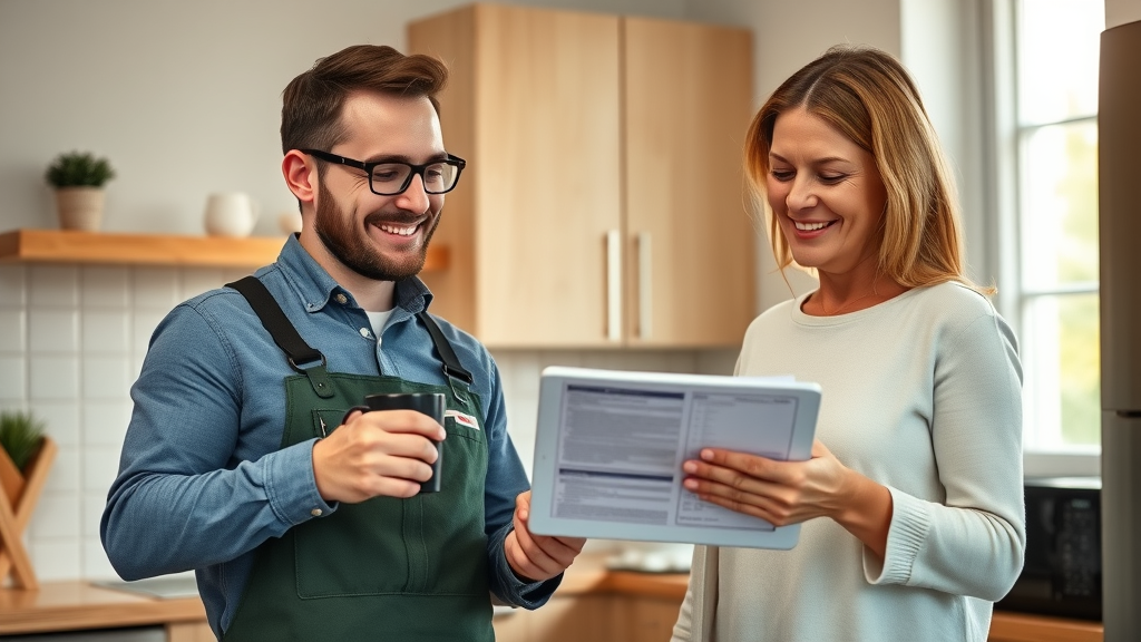 Upbeat solar installer walking through rebate application on tablet with NJ homeowner, kitchen, natural daylight, photorealistic