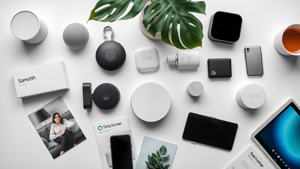 Flat lay of branded smart home devices and company brochures, highlighting variety offered by top smart home installation services on a white modern surface