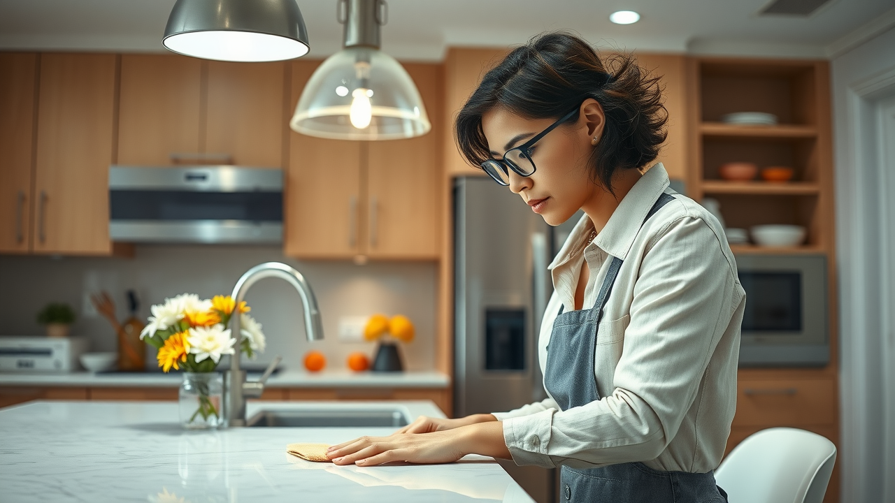 NJ professional home stager inspecting modern kitchen, arranging countertop, applying 3 foot 5 foot rule for visual appeal.