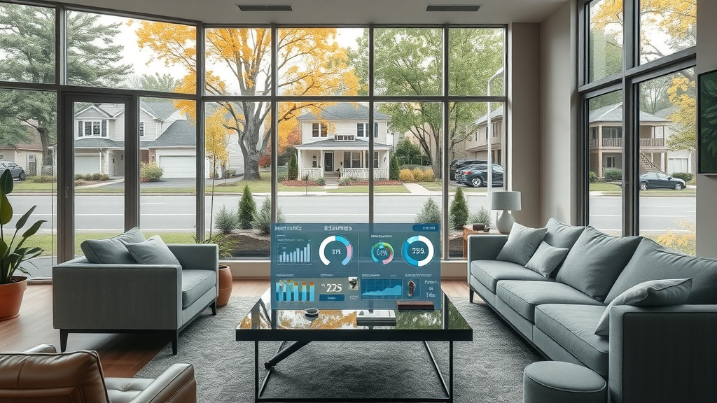 Modern NJ living room, digital dashboard showing energy savings, customer reviews smart home installers nj