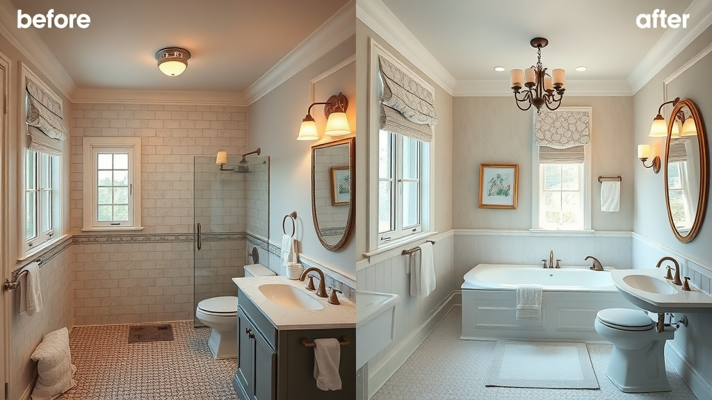 Before and after transformation completed by licensed bathroom renovators NJ – outdated to spa-like bathroom remodel