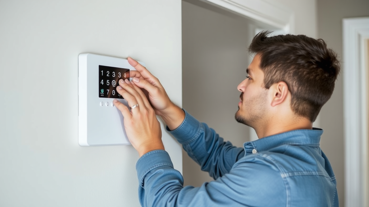 technician and homeowner installing a smart home security panel in an NJ entryway