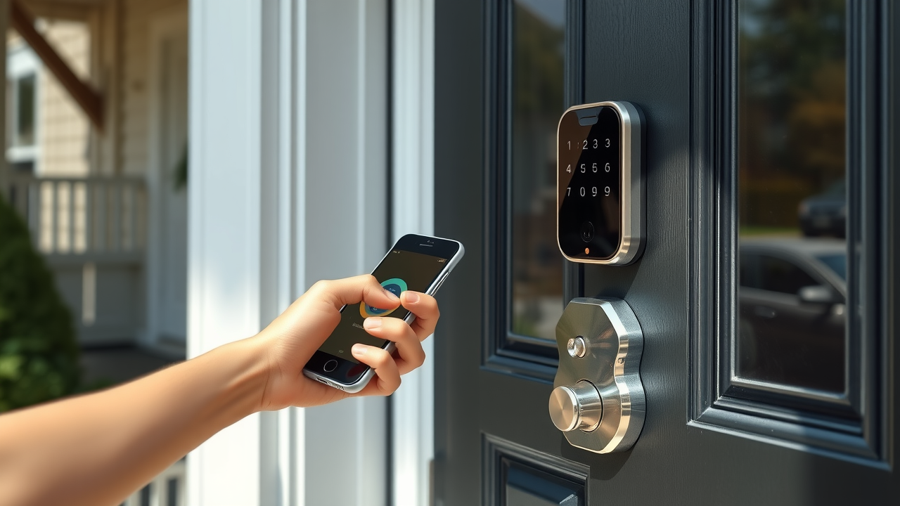smart lock security system NJ home access control with phone app and motion detections sunny entrance