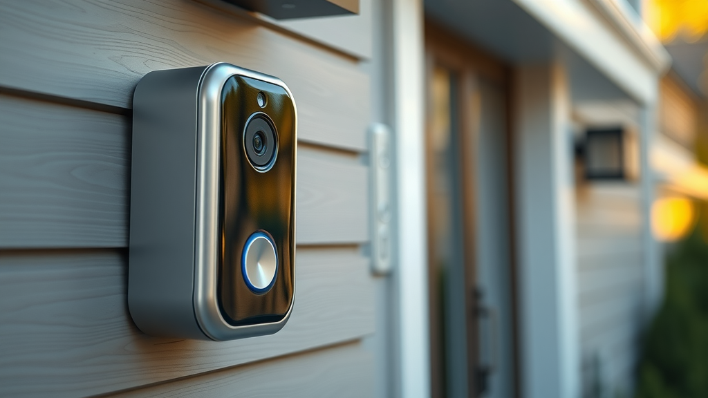 close-up of modern smart video doorbell, security camera, and motion sensor installed on a NJ home