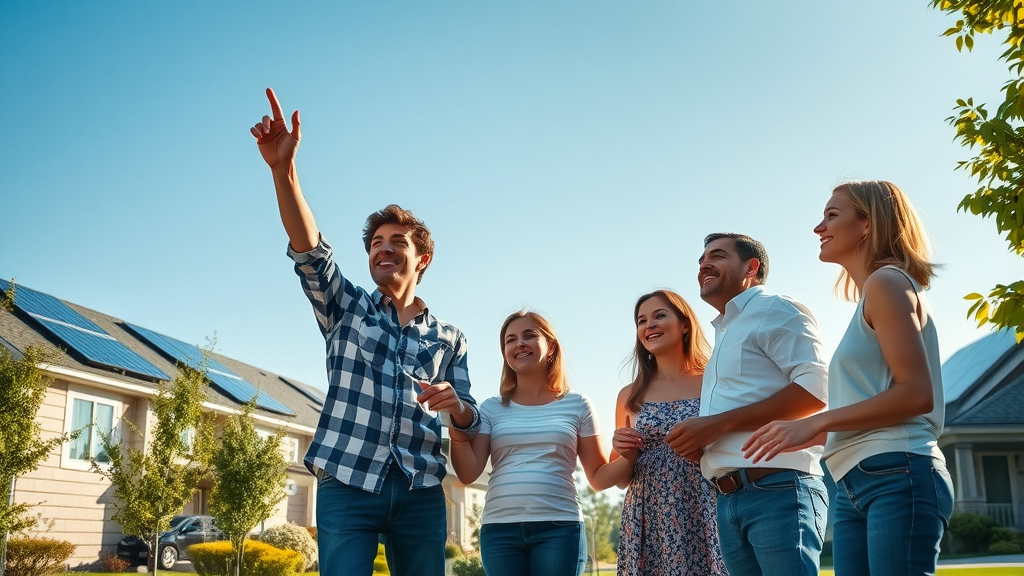 solar panel system pricing nj sunny suburban New Jersey neighborhood with excited families admiring solar panels on rooftops
