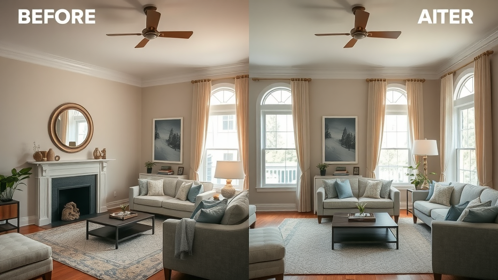 Before-and-after living room transformation by NJ home staging company, dramatically increased appeal