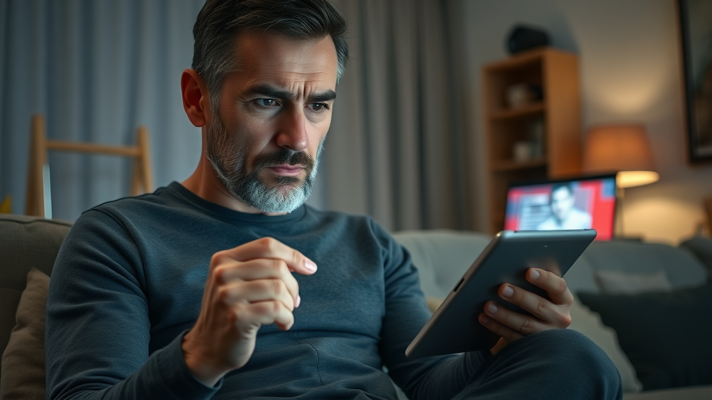 adult reviewing smart home security threat notification on tablet with smart devices visible