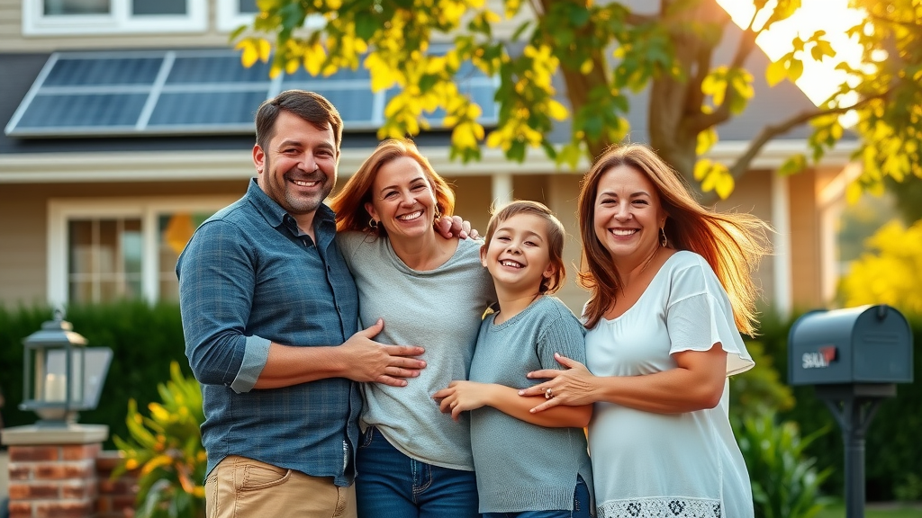 solar power savings NJ, family celebrates lower electric bills outside home with solar panels, New Jersey suburban setting