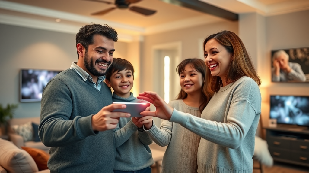 Happy NJ family activating smart lights, smart home living room, customer reviews smart home installers nj