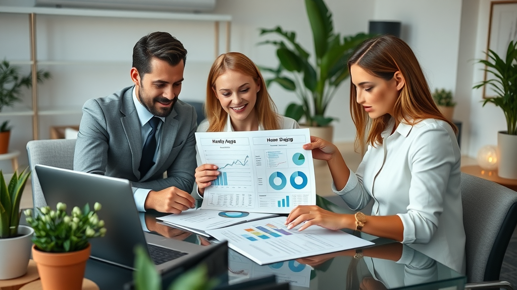 Organized workspace with NJ home staging team using comparison charts and collaborating on data for home staging company