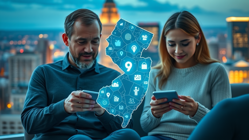 graphical NJ map overlay with smart home icons, showing security systems adoption