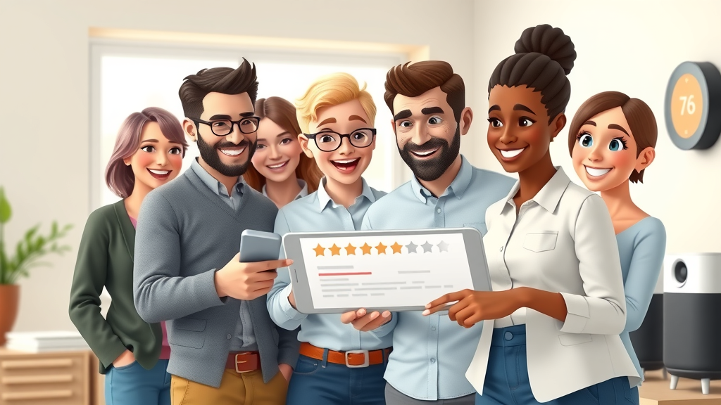 Diverse NJ homeowners pointing at digital customer reviews, smart home devices in living room, customer reviews smart home installers nj