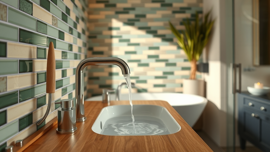 Luxurious sustainable NJ bathroom with low-flow fixtures and recycled glass tiles